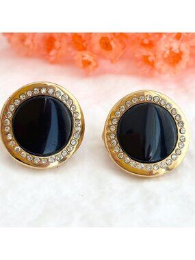 Black Enameled Rhinestone Framed Gold Toned Vintage Made Clip On Stud Earrings